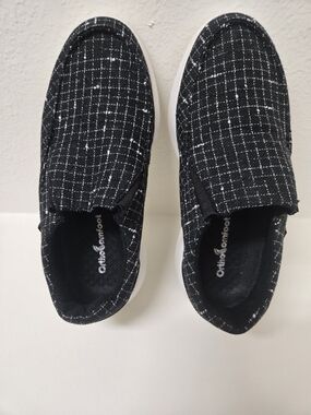 OrthoComfoot Black White Tweed Slip On Orthopedic Shoes